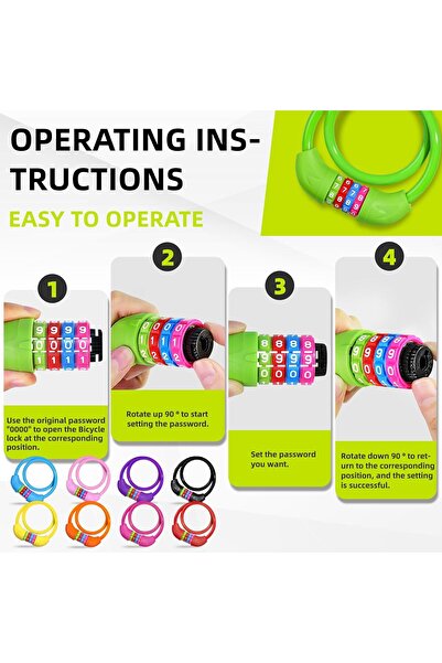 Generic Bicycle Combination Lock – 4-Digit Code Bike Lock (10 x 650 mm) – Anti-Theft Cable Lock - Green