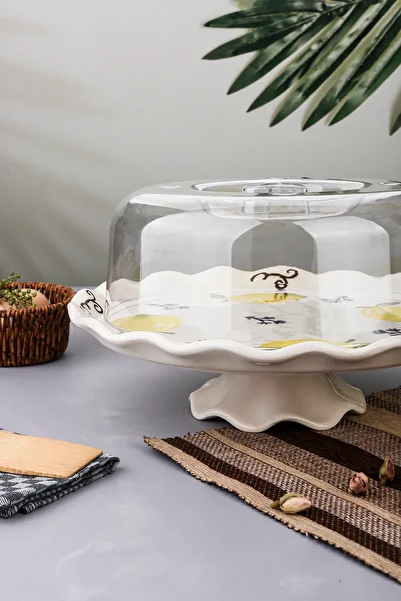 Sezka Life Ceramic Footed Cake Dish Lemon Patterned Cake Cake Presentation Plate Stand with Lid 32X26Cm