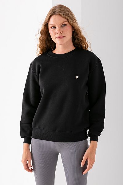 GİYSA Women's Crew Neck Bow Accessory 3-Strand Sweatshirt Black - 2624
