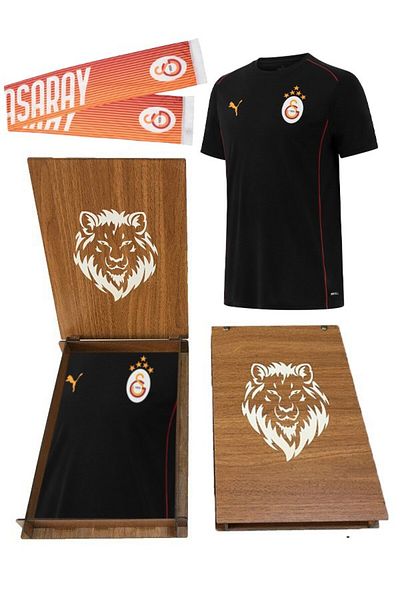 Galatasaray Licensed Black Puma a Team T-Shirt with Scarf and Gift Wooden Box