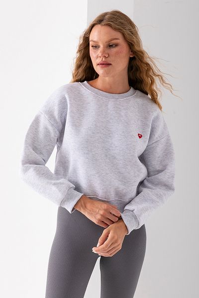 GİYSA Women's Crew Neck Heart Embroidered 3 Thread Crop Sweatshirt Gray - 2669