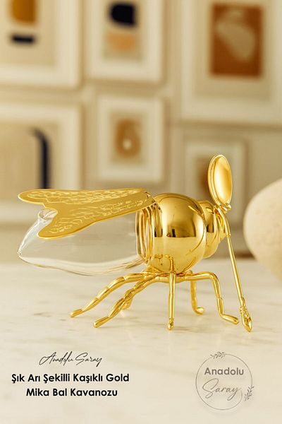 Anadolu Saray Stylish Bee Shaped Gold Mica Honey Jar with Spoon |   Mica Jar |   Honey and Jam Jar