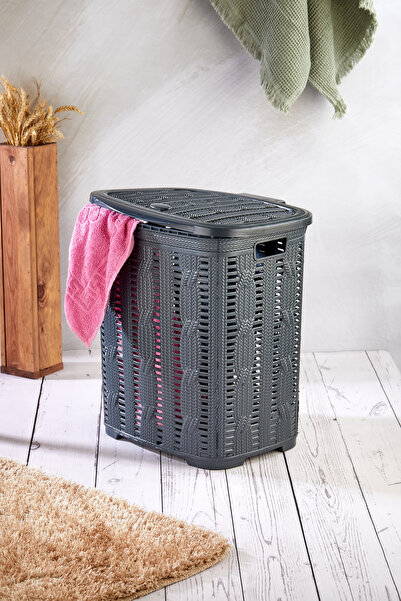 Homie Çamaşır Sepeti - Örgü Desenli Siyah 45 Litre Kirli Çamaşır Sepeti