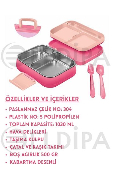 ELDİPA Two Compartment Lunch Container Patterned Lunch Container with Handle Bag 1.03L Stainless Steel