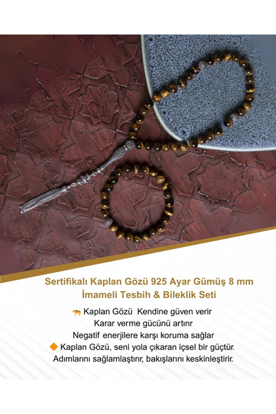 Saff Doğal Taş Sertifikalı Kaplan Gözü 925 Ayar Gümüş 8 mm İmameli Tesbih & B...
