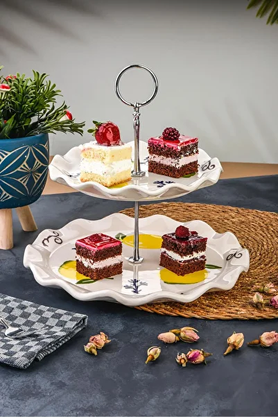 Sezka Life Ceramic 2 Tier Lemon Pattern Presentation Plate for Cookies, Turkish Delight, Cookies and Cakes, Cake Serving Plate