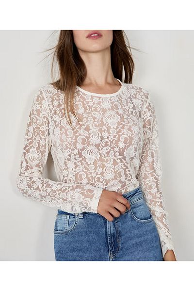 Loomi Women's Lace Patterned Long Sleeve Soft Blouse Ecru