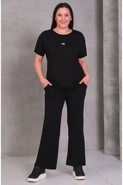 Şans Women's Plus Size Black, Stone Detailed Blouse, Stone Detailed Leg, Elastic Waist Pocket Trousers 2 Piece Set
