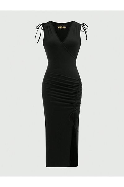 JANES Women's Sleeveless V-Neckline Slit Detail Gathered Waist Tie-Up Off-The-Shoulder Sandy Fabric, Comfortable-Summer Dress