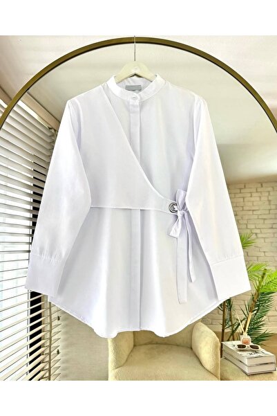 Bahar Altundemir Women's Belted Asymmetrical White Tunic Shirt