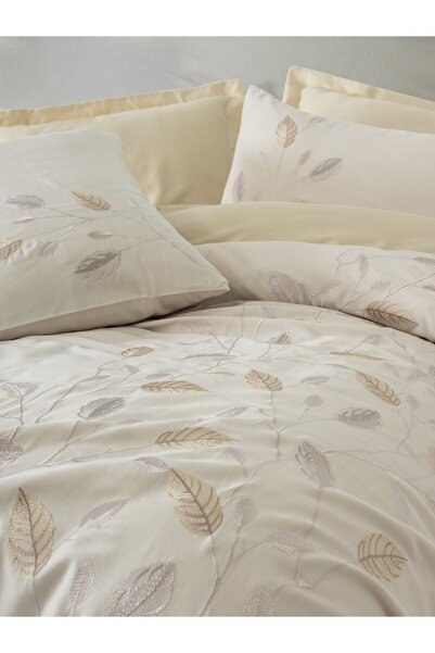 Cotton Box Embroidered Satin Double Duvet Cover Set Blade Beige