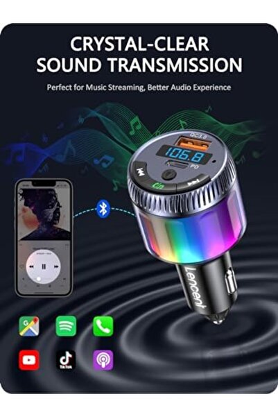 LENCENT Bluetooth 5.3 Car FM Transmitter, Type-C PD 30W & QC 18W Fast USB Charger