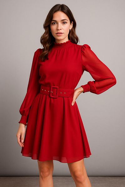 Noi Belis Red Belt Detailed Lined Mini Size Woven Dress Ss25El0053
