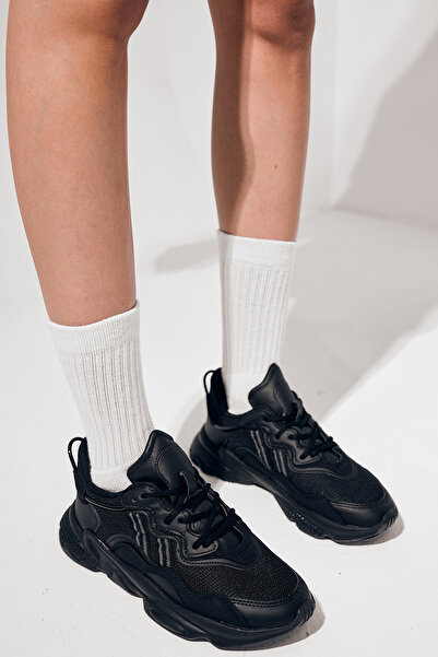 PowerSpeed Unisex Siyah Poli Taban Yüksek Taban Şeritli Bağcıklı Spor Ayakkabı