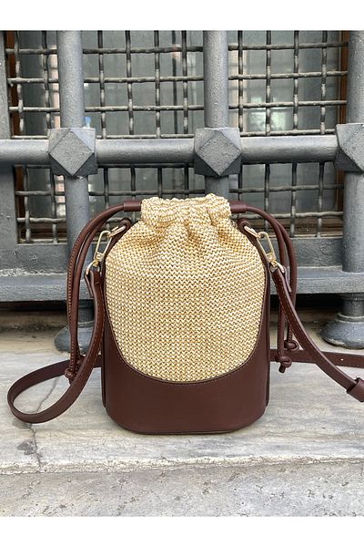 nura Brown Women's Straw Mini Drawstring Hand and Shoulder Bag