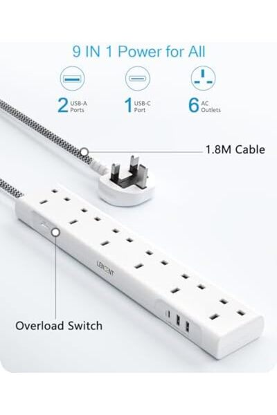 LENCENT Extension Lead with USB C Port, 3250W 13A, 6 Way Outlets Power Strip with 1 USB-C and 2 USB