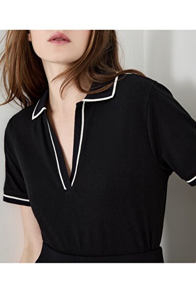 Generic Brand Women's Black Contrast Piping Polo Neck Short Sleeve T-Shirt