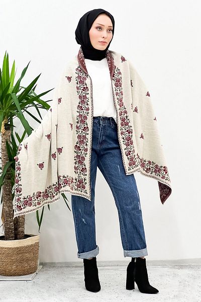 fiore fashion Rose Patterned Knitwear Shoulder Shawl Cream