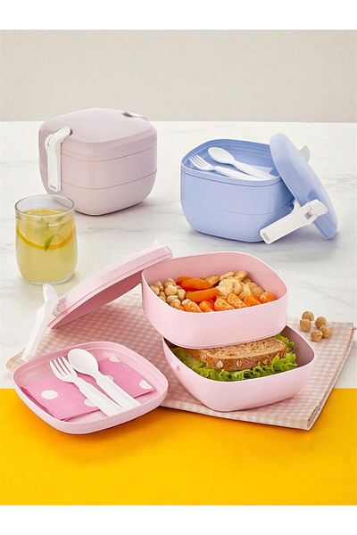 Bayev Urv Pink 2-Layer Lunch Box with Fork and Spoon - Lunch Box