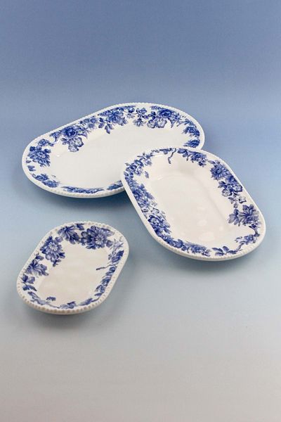 Bursa Porselen Dekor Pearl Series Blue Blanc 3 Size Porcelain Boat Plate