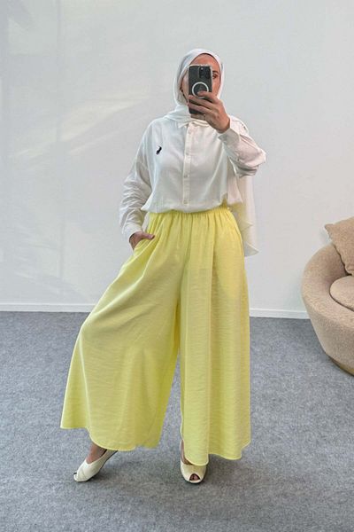 Hatun Atila Wide Leg Modal Skirted Trousers with Elastic Waist 8809 - Yellow