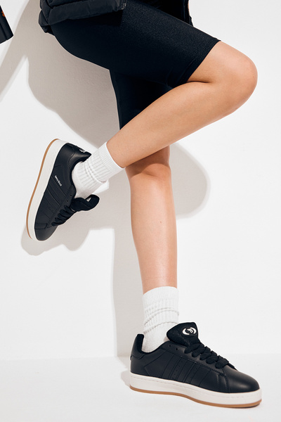 PowerSpeed Kadın Siyah Siyah Termo Taban Yanı Şeritli Bağcıklı Spor Ayakkabı