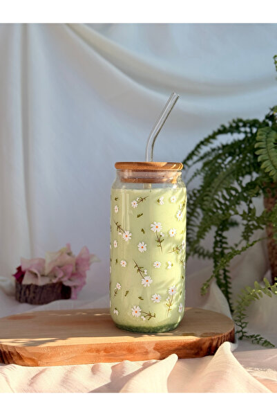 REMİ DESİGN Papatya Desenli Bambu Kapaklı, Pipetli Cam Soğuk Kahve Bardağı