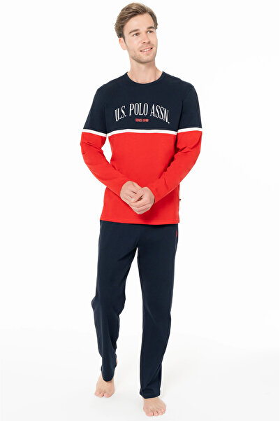 U.S. Polo Assn. طقم بيجامة رجالي، جيوب، قطن 100%، كم طويل، رقبة دائرية، طباعة يو إس بولو