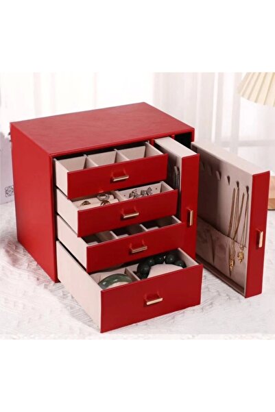 Evistro Dışı Deri İçi Kadife 6 Çekmeceli Takı Bijuteri Mücevher Kutusu Organi...