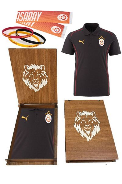Galatasaray Original Puma a Team 5 Star Polo T-Shirt Scarf and Bracelet Gift Wooden Boxed