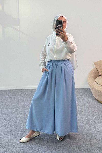 Hatun Atila Wide Leg Modal Skirted Trousers with Elastic Waist 8809 - Baby Blue