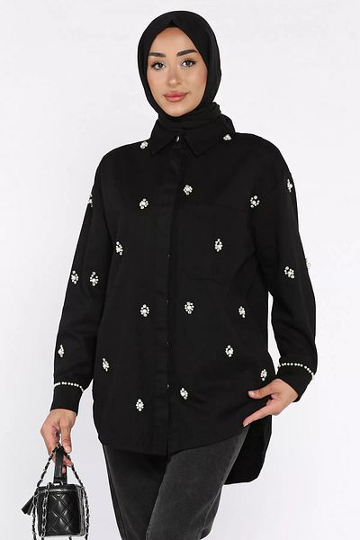 julude Black Stone Detailed Gabardine Shirt Tunic