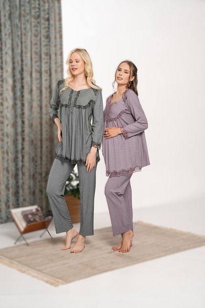 Pelin Women's Lilac Lace Detailed Maternity Pajama Set