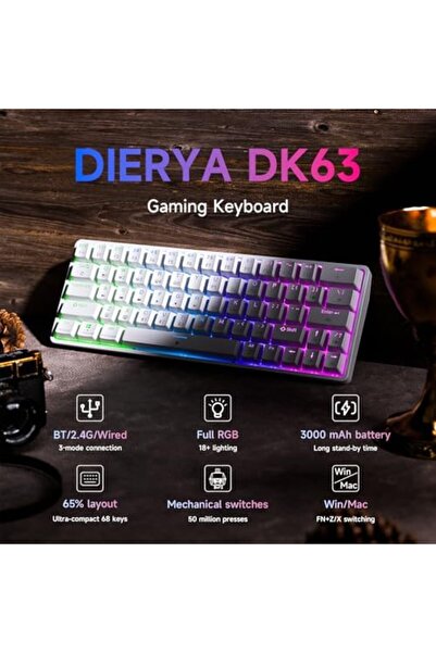 genernic لوحة مفاتيح الألعاب الميكانيكية اللاسلكية DIERYA DK63 60% بتقنية البلوتوث/2.4 جيجاهرتز/سلكية بإضاءة خلفية RGB ومضادة للظلال C