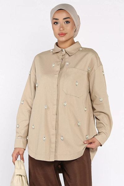 julude Light Mink Stone Detailed Gabardine Shirt Tunic