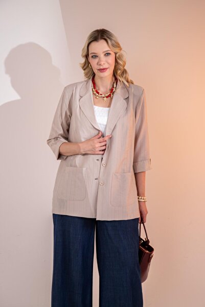 Roxxlen 1122577 Γυναικείο μπουφάν μεγάλου μεγέθους με τσέπες μπεζ