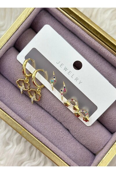 BY YASİN TOPÇU Vip Gold Color 3-Piece Colorful Stone Air Events Earring Set