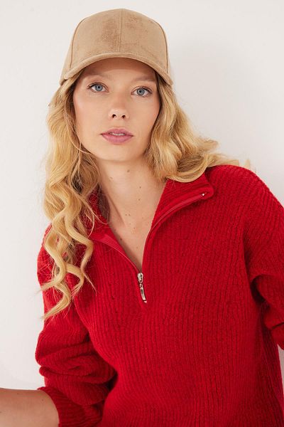 Tudors Women's Oversize Wide Cut Woven Zipper Collar Red Sweater