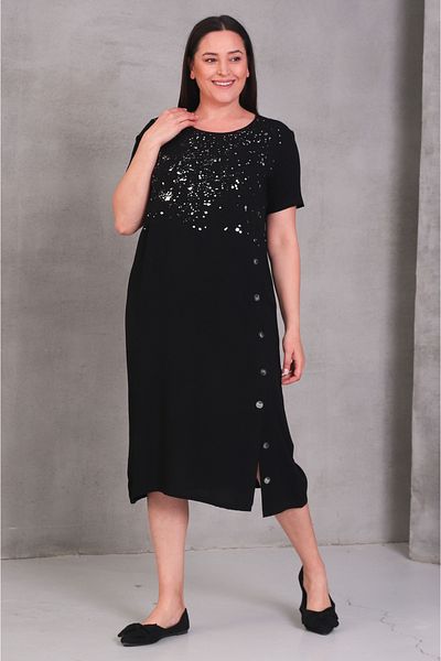 Şans Women's Plus Size Black, Lacquer Printed, Button Detail, Crew Neck, Woven Viscose Dress 65N39091