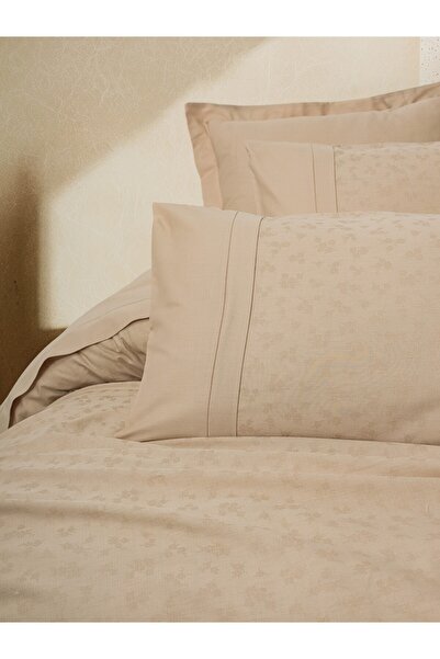 Cotton Box Jacquard Satin Double Duvet Cover Set Florita Beige