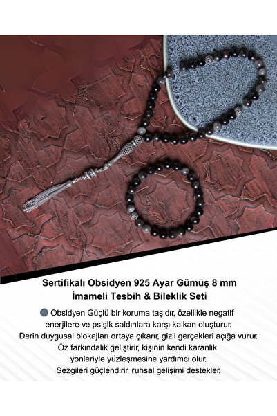 Saff Doğal Taş Sertifikalı Obsidyen 925 Ayar Gümüş 8 mm İmameli Tesbih & Bile...
