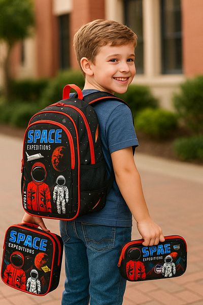 MUGGLE Boy's School Bag Set of 3 Black Red Astronaut and Space Pattern School Bag + Nutrition + Pen