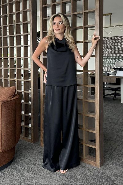 Laluvia Black Satin Blouse Pants Set