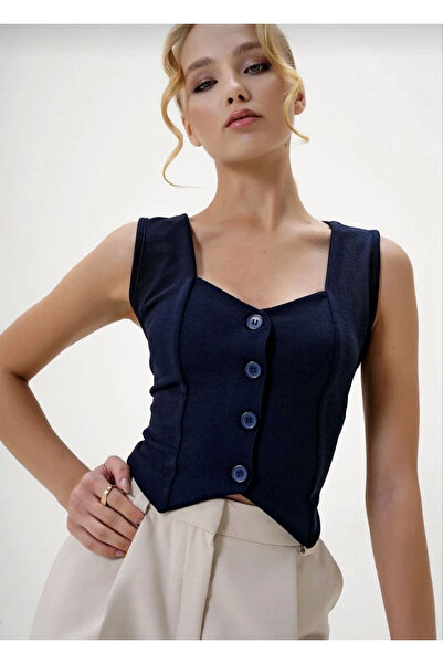 Zerenyus Crepe Fabric Heart Collar Buttoned Crop Vest Navy Blue