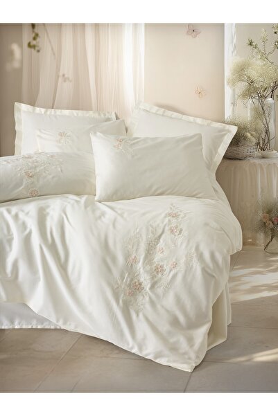 Cotton Box 3D Embroidered Satin Double Duvet Cover Set Aira Ecru