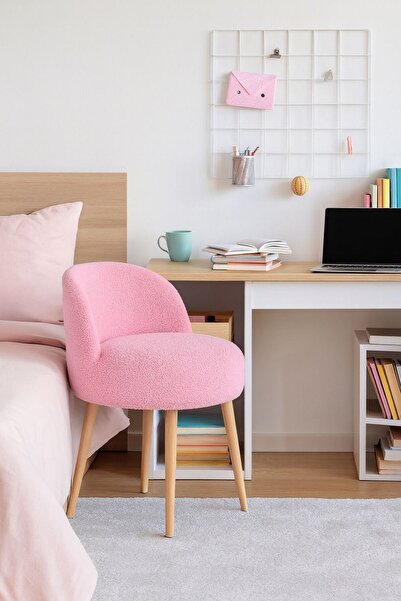 WEBPANYA MOBİLYA X Large Pembe Tedy Kumaş Dekoratif Berjer Puf Makyaj Masası ...