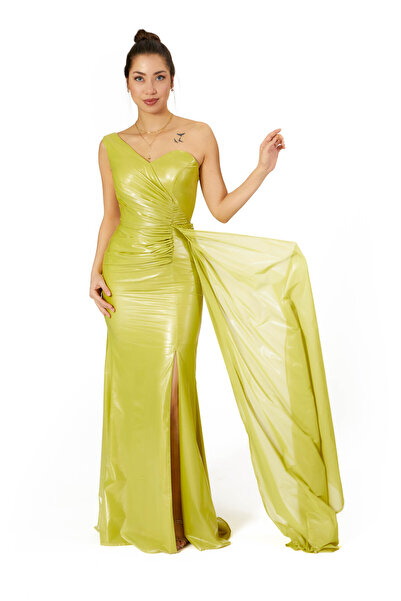 Lovely Dress Tek Omuz Drapeli Yırtmaçlı Limon Sarısı Abiye Elbise