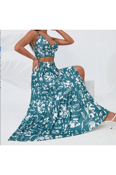 Aymood Women's Thin Straps Floral Print Patterned Crop Slit Skirt Double Single Jersey Suit