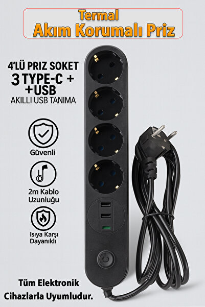 Badem10 4 Prizli 3 USB Girişli Akım Korumalı Topraklı Golyat Grup Şarj Fiş Priz 2 Metre Uzatma Kablosu