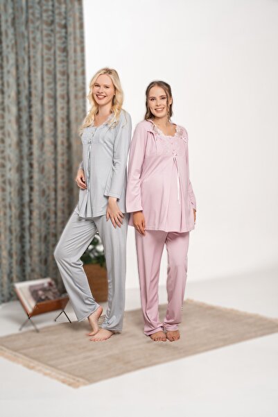 Pelin Women's Gray Lace Detailed Maternity Maternity Pajama Set